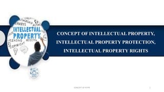 CONCEPT OF IP
, IPR 1
CONCEPT OF INTELLECTUAL PROPERTY,
INTELLECTUAL PROPERTY PROTECTION,
INTELLECTUAL PROPERTY RIGHTS
 