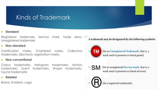 Kinds of Trademark
 Standard
Registered trademark, Service mark, Trade dress,
Unregistered trademark
 Non-standard
Certification marks, Chartered marks, Collective
trademarks, Electronic registration marks,
 Non-conventional
Colour trademarks, Hologram trademarks, Motion
trademarks, Scent trademarks, Shape trademarks,
Sound trademarks
 Related
Brand, Emblem, Logo
 