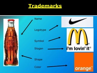 Trademarks
Name
Logotype
Symbol
Slogan
Shape
Color
21
 
