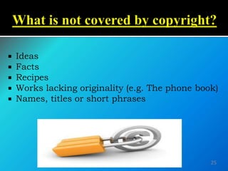  Ideas
 Facts
 Recipes
 Works lacking originality (e.g. The phone book)
 Names, titles or short phrases
25
 