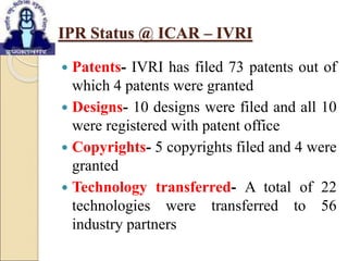  Patents- IVRI has filed 73 patents out of
which 4 patents were granted
 Designs- 10 designs were filed and all 10
were registered with patent office
 Copyrights- 5 copyrights filed and 4 were
granted
 Technology transferred- A total of 22
technologies were transferred to 56
industry partners
IPR Status @ ICAR – IVRI
 