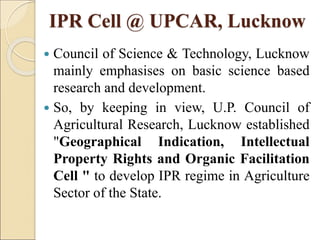 IPR Cell @ UPCAR, Lucknow
 Council of Science & Technology, Lucknow
mainly emphasises on basic science based
research and development.
 So, by keeping in view, U.P. Council of
Agricultural Research, Lucknow established
"Geographical Indication, Intellectual
Property Rights and Organic Facilitation
Cell " to develop IPR regime in Agriculture
Sector of the State.
 
