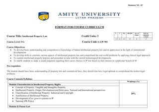 Annexure ‘CD – 01’
FORMAT FOR COURSE CURRICULUM
Course Title: Intellectual Property Law Credit Units: 3
Course Level: UG Course Code: LAW 501
Course Objectives:
 To develop basic understanding and comprehensive knowledge of Indian intellectual property law and its application in the light of international
developments
 To develop skills to correlate various aspects of intellectual property law and comprehend the real-world problems by applying clinical legal approach.
 To explain intellectual property practice and procedure in tune with the current technological developments
 To enable students to make a sound judgment regarding their career choices in IP law based on their interest in a particular branch of IP
Pre-requisites:
The student should have basic understanding of property law and commercial laws; they should also have legal aptitude to comprehend the techno-legal
problems
Course Contents/Syllabus:
Weightage (%)
Module I Introduction to Intellectual Property Rights
20%
 Concept of Property: Tangible and Intangible Property;
 Intellectual Property: Origin, Development and Relevance: National and International perspectives
 Classification of Intellectual Property: Industrial and Copyright
 Justification of Intellectual Property
 Development of sui generis systems in IP
 National IPR Policy
Module II Patent Law
L T P/S SW/FW No. of
PSDA
TOTAL
CREDIT
UNITS
3 0 0 0 0 3
 