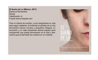 El Sueño de Lú (México, 2011)
Estreno 9 Noviembre
Drama
Clasiﬁcación: A
Fuente www.Cinepolis.com

Tras un intento de suicidio, Lucía resigniﬁcará su vida
para seguir adelante. Al enfrentar la pérdida de su hijo
encontrará nuevos vínculos y pequeños milagros; un
encuentro y un viaje inesperado abrirán espacio para
comprender que puede permanecer en la vida y des-
cubrirá que la eternidad se contiene en un instante.
 