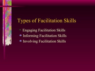 Types of Facilitation Skills Engaging Facilitation Skills Informing Facilitation Skills Involving Facilitation Skills 