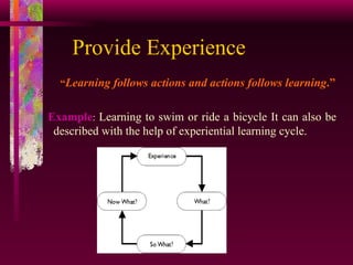Provide Experience “ Learning follows actions and actions follows learning .” Example :  Learning to swim or ride a bicycle It can also be described with the help of experiential learning cycle. 