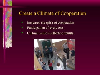 Create a Climate of Cooperation Increases the spirit of cooperation Participation of every one Cultural value in effective  teams  