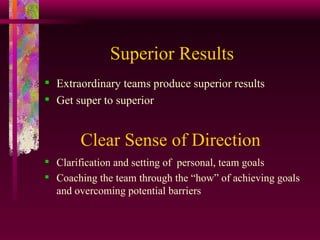 Superior Results Extraordinary teams produce superior results  Get super to superior Clear Sense of Direction Clarification and setting of  personal, team goals Coaching the team through the “how” of achieving goals and overcoming potential barriers 