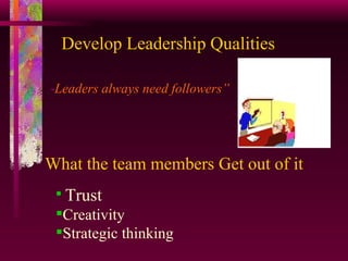 Develop Leadership Qualities “ Leaders always need followers” What the team members Get out of it Trust Creativity Strategic thinking 