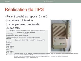 Mai 2011                                                                             Dr Pascal Boulet




Réalisation de l’IPS
• Patient couché au repos (15 mn !)
• Un brassard à tension
• Un doppler avec une sonde
  de 5-7 MHz
        IPS: Fiche de saisie des TA humérale et des membes inférieurs
                     Moyenne sur les deux dernières
  Unité mmHg                      saisies
  Bras: Moyenne la plus élevée conservée
  Pied: Conservation de la moyenne la plus élevée pour chaque
  membre
                  Saisie N°1 Saisie N° 2 Saisie N°3 Moyenne IPS
  Bras droit
  Bras G
  Pouls tibial Dt
  Pouls pédieux
  droit
  Pouls tibial G
  Pouls pédieux - Mouhnier-Vehier C ; et coll. Diagnostic et évaluation non invasive d’un patient ayant une artériopathie oblitérante des membres inférieurs.
  G              La revue du Praticien. 2005 ; 55:1173-87
                    Birrer M. Mesure de l’Ankle Brachial Index: un instrument diagnostique fiable d’estimation du risque cardiovasculaire.
                    Forum Med Suisse 2007;7:254–8. www.smf-cme.ch.
 