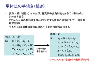 単体法の手続き（続き）	
•  変数 n 個，制約式 m 本だが，各変数の非負制約もあるので制約式は
   (m+n) 本ある．
•  ここから n 本の制約式を選んで（対応する変数の値を0にして），連立方
   程式を解く．
•  すると，凸多面体の頂点に対応する実行可能解が求まる．	

                                                max z
max x1 + 2 x 2
                                                s.t.   x3 = 6 − x1 − x 2 ,
s.t.   x1 + x 2 + x3 = 6,
                                                       x 4 = 12 − x1 − 3 x 2 ,
       x1 + 3 x 2 + x 4 = 12,
                                                       x5 = 10 − 2 x1 − x 2 ,
       2 x1 + x 2 + x5 = 10,          分かり易く
                                      書き直すと	
          z = x1 + 2 x 2 ,
       x1, x 2 , x3 , x 4 , x5 ≥ 0.
                                                       x1, x 2 , x3 , x 4 , x5 ≥ 0.
                                                x1=0，x2=0とすると実行可能解が求まる	
 