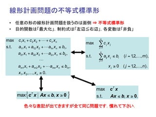 線形計画問題の不等式標準形	
  •  任意の形の線形計画問題を扱うのは面倒 ⇒ 不等式標準形
  •  目的関数は「最大化」，制約式は「左辺≦右辺」，各変数は「非負」	

                                                          n
max    c1x1 + c 2 x 2 +  + c n x n
                                                 max     ∑c x   j     j
s.t.   a11 x1 + a12 x 2 + a1n x n ≤ b1,                 j =1
                                                          n
       a21 x1 + a22 x 2 +  a2n x n ≤ b2 ,
                                                 s.t.    ∑a x   ij    j   ≤ bi   (i = 1 2,…, m ),
                                                                                       ,
                                                        j =1

       am1x1 + am 2 x 2 +  amn x n ≤ bm ,                           xj ≥ 0      ( j = 1,2,…, n ).
       x1, x 2 ,…, x n ≥ 0.


                                                        max          cT x
            {
       max cT x Ax ≤ b, x ≥ 0                }          s.t.          Ax ≤ b, x ≥ 0.

           色々な表記が出てきますが全て同じ問題です．慣れて下さい．	
 