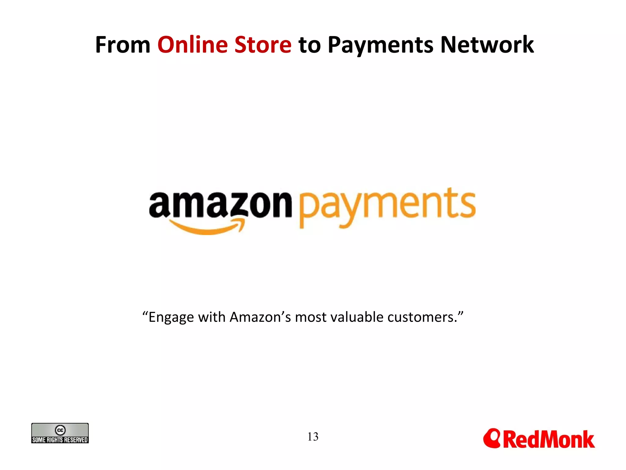 13
From Online Store to Payments Network
“Engage with Amazon’s most valuable customers.”
 