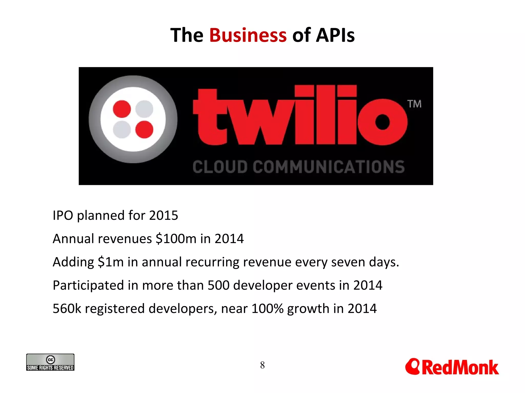 8
The Business of APIs
IPO planned for 2015
Annual revenues $100m in 2014
Adding $1m in annual recurring revenue every seven days.
Participated in more than 500 developer events in 2014
560k registered developers, near 100% growth in 2014
 