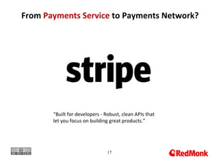 17
From Payments Service to Payments Network?
“Built for developers - Robust, clean APIs that
let you focus on building great products.”
 