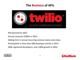 8
The Business of APIs
IPO planned for 2015
Annual revenues $100m in 2014
Adding $1m in annual recurring revenue every seven days.
Participated in more than 500 developer events in 2014
560k registered developers, near 100% growth in 2014
 