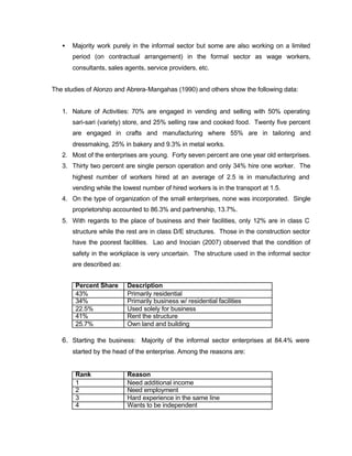 · Majority work purely in the informal sector but some are also working on a limited 
period (on contractual arrangement) in the formal sector as wage workers, 
consultants, sales agents, service providers, etc. 
The studies of Alonzo and Abrera-Mangahas (1990) and others show the following data: 
1. Nature of Activities: 70% are engaged in vending and selling with 50% operating 
sari-sari (variety) store, and 25% selling raw and cooked food. Twenty five percent 
are engaged in crafts and manufacturing where 55% are in tailoring and 
dressmaking, 25% in bakery and 9.3% in metal works. 
2. Most of the enterprises are young. Forty seven percent are one year old enterprises. 
3. Thirty two percent are single person operation and only 34% hire one worker. The 
highest number of workers hired at an average of 2.5 is in manufacturing and 
vending while the lowest number of hired workers is in the transport at 1.5. 
4. On the type of organization of the small enterprises, none was incorporated. Single 
proprietorship accounted to 86.3% and partnership, 13.7%. 
5. With regards to the place of business and their facilities, only 12% are in class C 
structure while the rest are in class D/E structures. Those in the construction sector 
have the poorest facilities. Lao and Inocian (2007) observed that the condition of 
safety in the workplace is very uncertain. The structure used in the informal sector 
are described as: 
Percent Share Description 
43% Primarily residential 
34% Primarily business w/ residential facilities 
22.5% Used solely for business 
41% Rent the structure 
25.7% Own land and building 
6. Starting the business: Majority of the informal sector enterprises at 84.4% were 
started by the head of the enterprise. Among the reasons are: 
Rank Reason 
1 Need additional income 
2 Need employment 
3 Hard experience in the same line 
4 Wants to be independent 
 