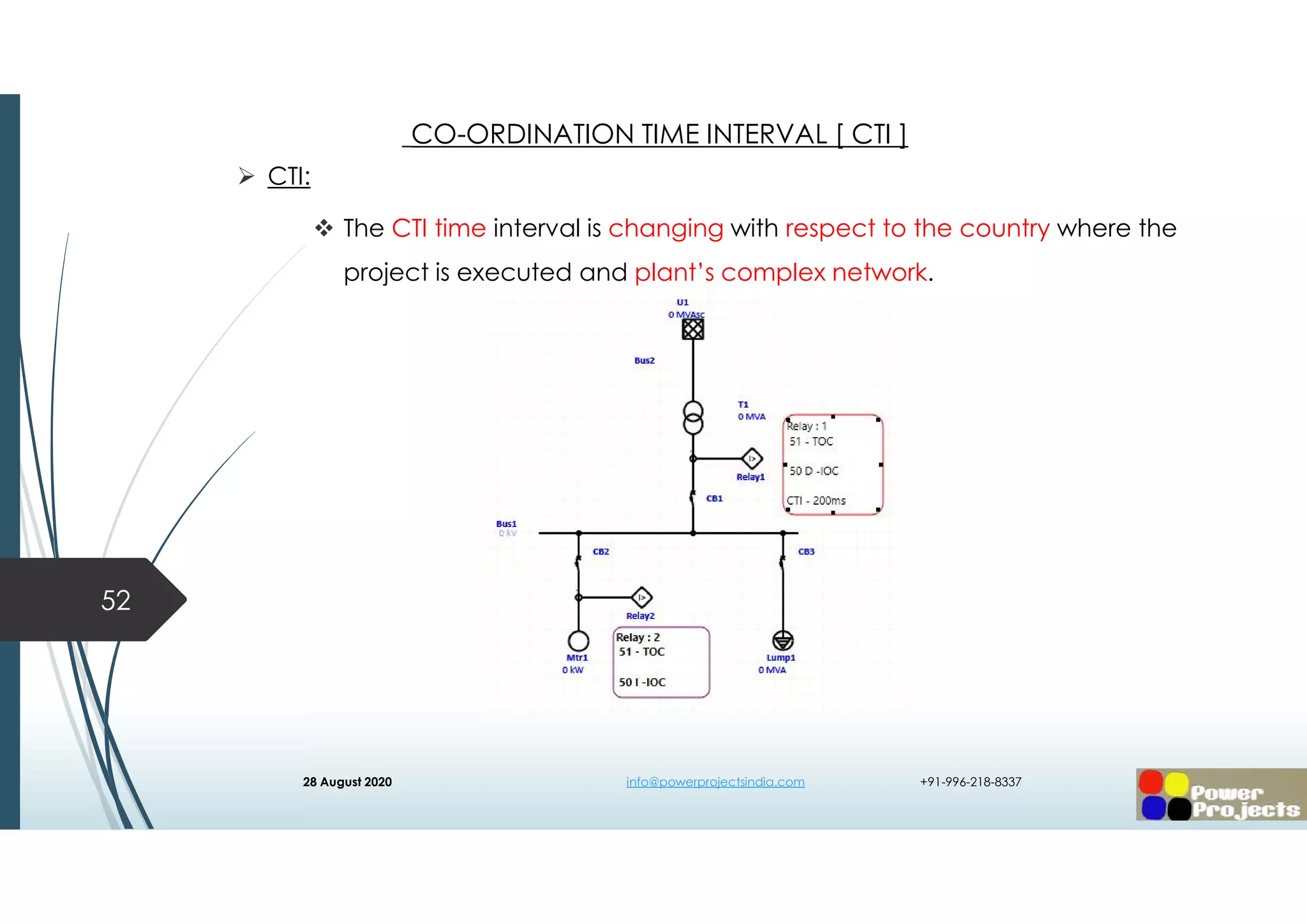  CTI:
 The CTI time interval is changing with respect to the country where the
project is executed and plant’s complex network.
52
CO-ORDINATION TIME INTERVAL [ CTI ]
28 August 2020 info@powerprojectsindia.com +91-996-218-8337
 
