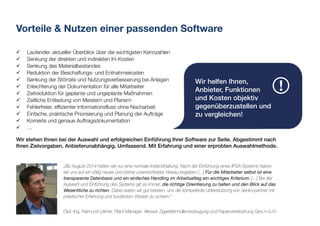 Vorteile & Nutzen einer passenden Software
99 Laufender, aktueller Überblick über die wichtigsten Kennzahlen
99 Senkung der direkten und indirekten IH-Kosten
99 Senkung des Materialbestandes
99 Reduktion der Beschaffungs- und Entnahmekosten
99 Senkung der Störrate und Nutzungsverbesserung bei Anlagen
99 Erleichterung der Dokumentation für alle Mitarbeiter
99 Zeitreduktion für geplante und ungeplante Maßnahmen
99 Zeitliche Entlastung von Meistern und Planern
99 Fehlerfreier, effizienter Informationsfluss ohne Nacharbeit
99 Einfache, praktische Priorisierung und Planung der Aufträge
99 Korrekte und genaue Auftragsdokumentation
99 …
Wir stehen Ihnen bei der Auswahl und erfolgreichen Einführung Ihrer Software zur Seite. Abgestimmt nach
Ihren Zielvorgaben. Anbieterunabhängig. Umfassend. Mit Erfahrung und einer erprobten Auswahlmethode.
Wir helfen Ihnen,
Anbieter, Funktionen
und Kosten objektiv
gegenüberzustellen und
zu vergleichen!
!
„Bis August 2014 hatten wir nur eine normale Instandhaltung. Nach der Einführung eines IPSA-Systems haben
wir uns auf ein völlig neues und bisher unerreichbares Niveau begeben [...] Für die Mitarbeiter selbst ist eine
transparente Datenbasis und ein einfaches Handling im Arbeitsalltag ein wichtiges Kriterium. [...] Bei der
Auswahl und Einführung des Systems gilt es immer, die richtige Orientierung zu halten und den Blick auf das
Wesentliche zu richten. Dabei waren wir gut beraten, uns die kompetente Unterstützung von dankl+partner mit
praktischer Erfahrung und fundiertem Wissen zu sichern.“
Dipl.-Ing. Raimund Leitner, Plant Manager, Altesse Zigarettenhüllenerzeugung und Papierverarbeitung Ges.m.b.H.
 