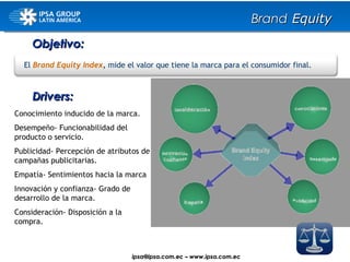 El   Brand Equity Index ,  mide el valor que tiene la marca para el consumidor final.  Objetivo: Drivers: Conocimiento inducido de la marca. Desempeño- Funcionabilidad del producto o servicio. Publicidad- Percepción de atributos de campañas publicitarias. Empatía- Sentimientos hacia la marca Innovación y confianza- Grado de desarrollo de la marca. Consideración- Disposición a la compra. Brand  Equity ipsa@ ipsa.com.ec  –   www.ipsa.com.ec 