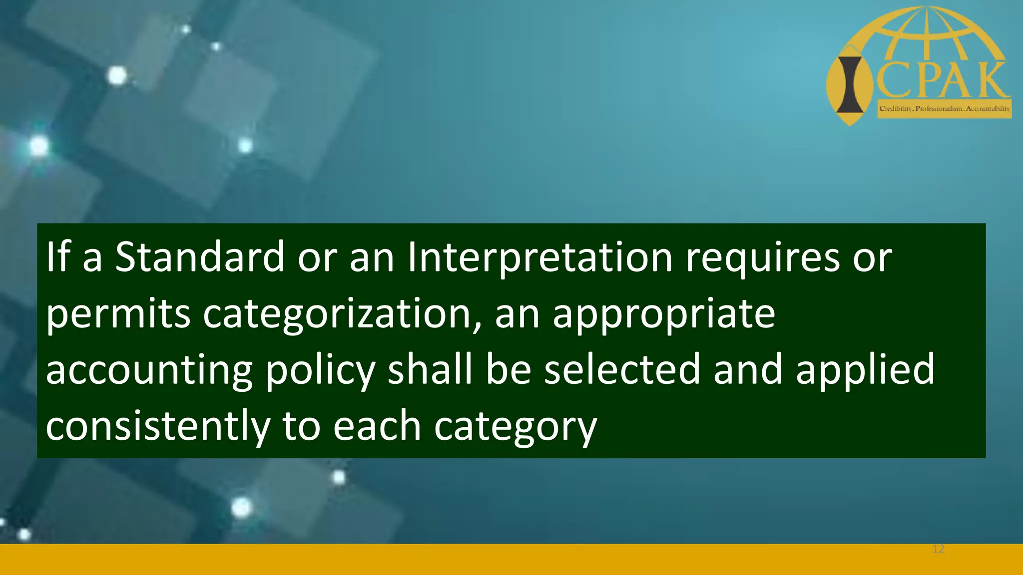If a Standard or an Interpretation requires or
permits categorization, an appropriate
accounting policy shall be selected and applied
consistently to each category
12
 