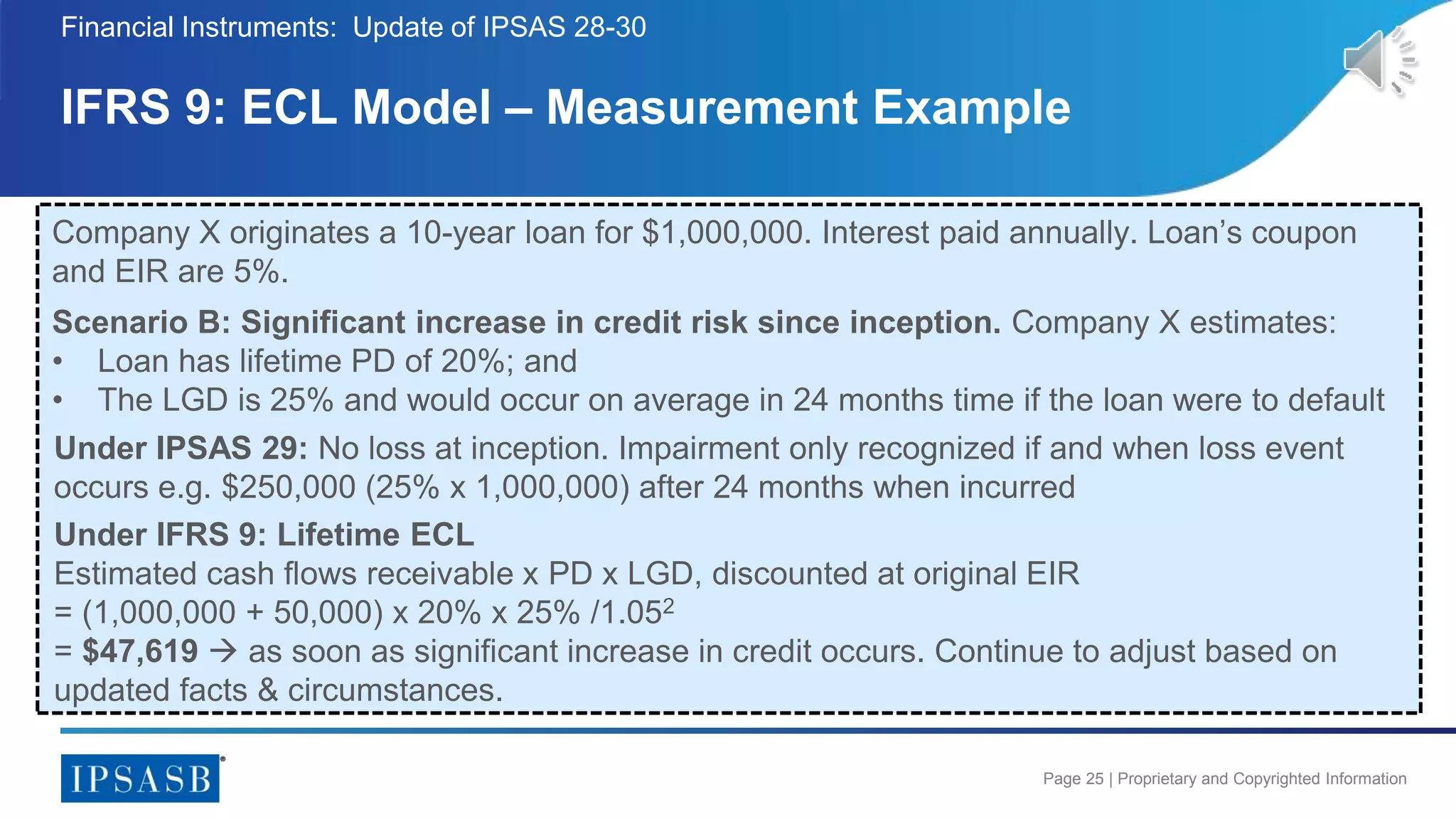 Page 25 | Proprietary and Copyrighted Information
IFRS 9: ECL Model – Measurement Example
Financial Instruments: Update of IPSAS 28-30
Company X originates a 10-year loan for $1,000,000. Interest paid annually. Loan’s coupon
and EIR are 5%.
Scenario B: Significant increase in credit risk since inception. Company X estimates:
• Loan has lifetime PD of 20%; and
• The LGD is 25% and would occur on average in 24 months time if the loan were to default
Under IFRS 9: Lifetime ECL
Estimated cash flows receivable x PD x LGD, discounted at original EIR
= (1,000,000 + 50,000) x 20% x 25% /1.052
= $47,619  as soon as significant increase in credit occurs. Continue to adjust based on
updated facts & circumstances.
Under IPSAS 29: No loss at inception. Impairment only recognized if and when loss event
occurs e.g. $250,000 (25% x 1,000,000) after 24 months when incurred
 