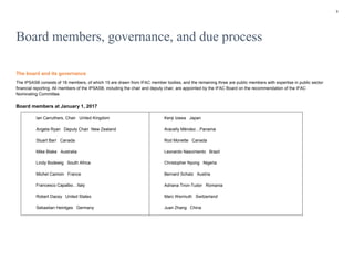 3
Board members, governance, and due process
The board and its governance
The IPSASB consists of 18 members, of which 15 are drawn from IFAC member bodies, and the remaining three are public members with expertise in public sector
financial reporting. All members of the IPSASB, including the chair and deputy chair, are appointed by the IFAC Board on the recommendation of the IFAC
Nominating Committee.
Board members at January 1, 2017
Ian Carruthers, Chair United Kingdom
Angela Ryan Deputy Chair New Zealand
Stuart Barr Canada
Mike Blake Australia
Lindy Bodewig South Africa
Michel Camoin France
Francesco Capalbo…Italy
Robert Dacey United States
Sebastian Heintges Germany
Kenji Izawa Japan
Aracelly Méndez…Panama
Rod Monette Canada
Leonardo Nascimento Brazil
Christopher Nyong Nigeria
Bernard Schatz Austria
Adriana Tiron-Tudor Romania
Marc Wermuth Switzerland
Juan Zhang China
 