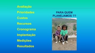 Avaliação
Prioridades
Custos
Recursos
Cronograma
Implantação
Medições
Resultados
PARA QUEM
PLANEJAMOS ??
 