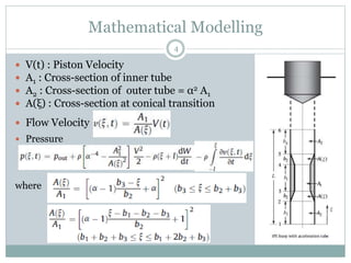 Mathematical Modelling
 V(t) : Piston Velocity
 A1 : Cross-section of inner tube
 A2 : Cross-section of outer tube = α2 A1
 A(ξ) : Cross-section at conical transition
 Flow Velocity
 Pressure
where
4
 
