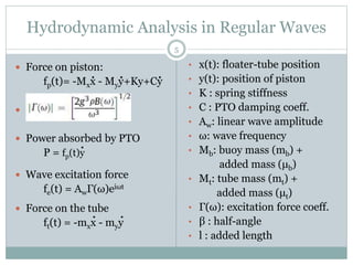 Hydrodynamic Analysis in Regular Waves
 Force on piston:
fp(t)= -Mxx - Myy+Ky+Cy

 Power absorbed by PTO
P = fp(t)y
 Wave excitation force
fe(t) = AwΓ(ω)eiωt
 Force on the tube
ft(t) = -mxx - myy
• x(t): floater-tube position
• y(t): position of piston
• K : spring stiffness
• C : PTO damping coeff.
• Aw: linear wave amplitude
• ω: wave frequency
• Mb: buoy mass (mb) +
added mass (μb)
• Mt: tube mass (mt) +
added mass (μt)
• Γ(ω): excitation force coeff.
• β : half-angle
• l : added length
5
 