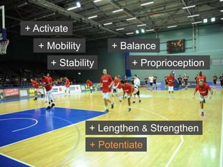 + Activate
+ Mobility
+ Stability + Proprioception
+ Potentiate
+ Lengthen & Strengthen
+ Balance
 