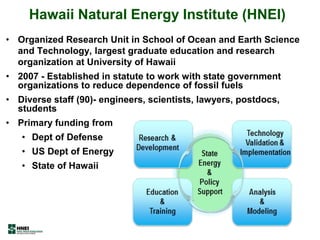 Hawaii Natural Energy Institute (HNEI)
• Organized Research Unit in School of Ocean and Earth Science
and Technology, largest graduate education and research
organization at University of Hawaii
• 2007 - Established in statute to work with state government
organizations to reduce dependence of fossil fuels
• Diverse staff (90)- engineers, scientists, lawyers, postdocs,
students
• Primary funding from
• Dept of Defense
• US Dept of Energy
• State of Hawaii
 