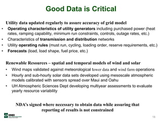 Good Data is Critical
• Operating characteristics of utility generators including purchased power (heat
rates, ramping capability, minimum run constraints, controls, outage rates, etc.)
• Characteristics of transmission and distribution networks
• Utility operating rules (must run, cycling, loading order, reserve requirements, etc.)
• Forecasts (load, load shape, fuel price, etc.)
Utility data updated regularly to assure accuracy of grid model
• Wind maps validated against meteorological tower data and wind farm operations
• Hourly and sub-hourly solar data sets developed using mesoscale atmospheric
models calibrated with sensors spread over Maui and Oahu
• UH Atmospheric Sciences Dept developing multiyear assessments to evaluate
yearly resource variability
Renewable Resources – spatial and temporal models of wind and solar
NDA’s signed where necessary to obtain data while assuring that
reporting of results is not constrained
18
 