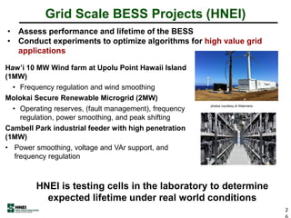 photos courtesy of Altairnano
Grid Scale BESS Projects (HNEI)
Haw‟i 10 MW Wind farm at Upolu Point Hawaii Island
(1MW)
• Frequency regulation and wind smoothing
Molokai Secure Renewable Microgrid (2MW)
• Operating reserves, (fault management), frequency
regulation, power smoothing, and peak shifting
Cambell Park industrial feeder with high penetration
(1MW)
• Power smoothing, voltage and VAr support, and
frequency regulation
2
• Assess performance and lifetime of the BESS
• Conduct experiments to optimize algorithms for high value grid
applications
HNEI is testing cells in the laboratory to determine
expected lifetime under real world conditions
 