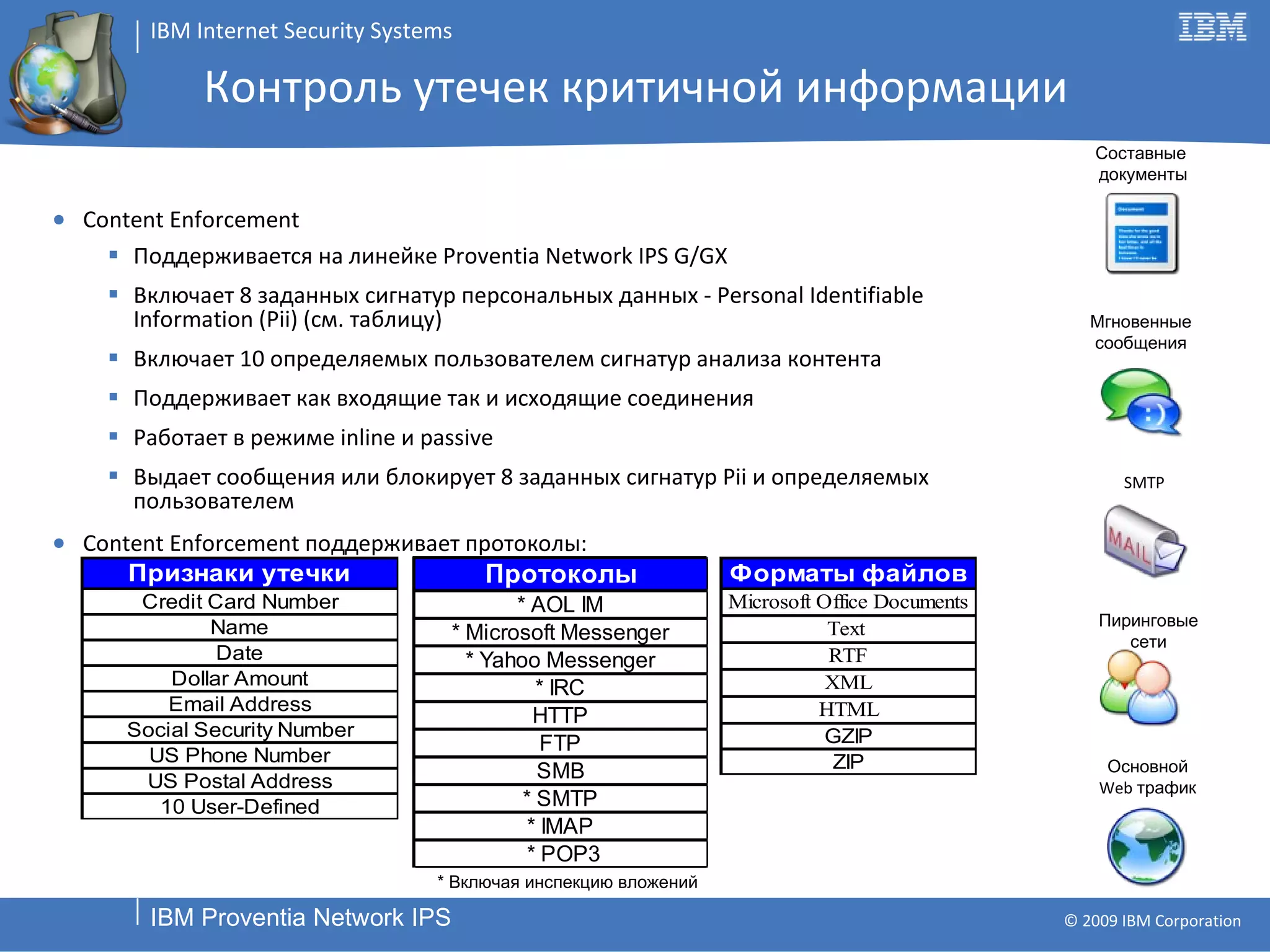 Content Enforcement Поддерживается на   линейке  Proventia Network IPS G/GX Включает  8  заданных сигнатур   персональных данных -  Personal Identifiable Information (Pii) ( см. таблицу ) Включает  10  определяемых пользователем   сигнатур анализа контента Поддерживает как входящие так и исходящие соединения Работает в режиме  inline  и  passive Выдает сообщения или блокирует  8  заданных сигнатур  Pii  и определяемых пользователем Content Enforcement  поддерживает протоколы : *  Включая инспекцию вложений Контроль утечек критичной информации Мгновенные сообщения Пиринговые сети SMTP Основной Web  трафик Составные  документы 
