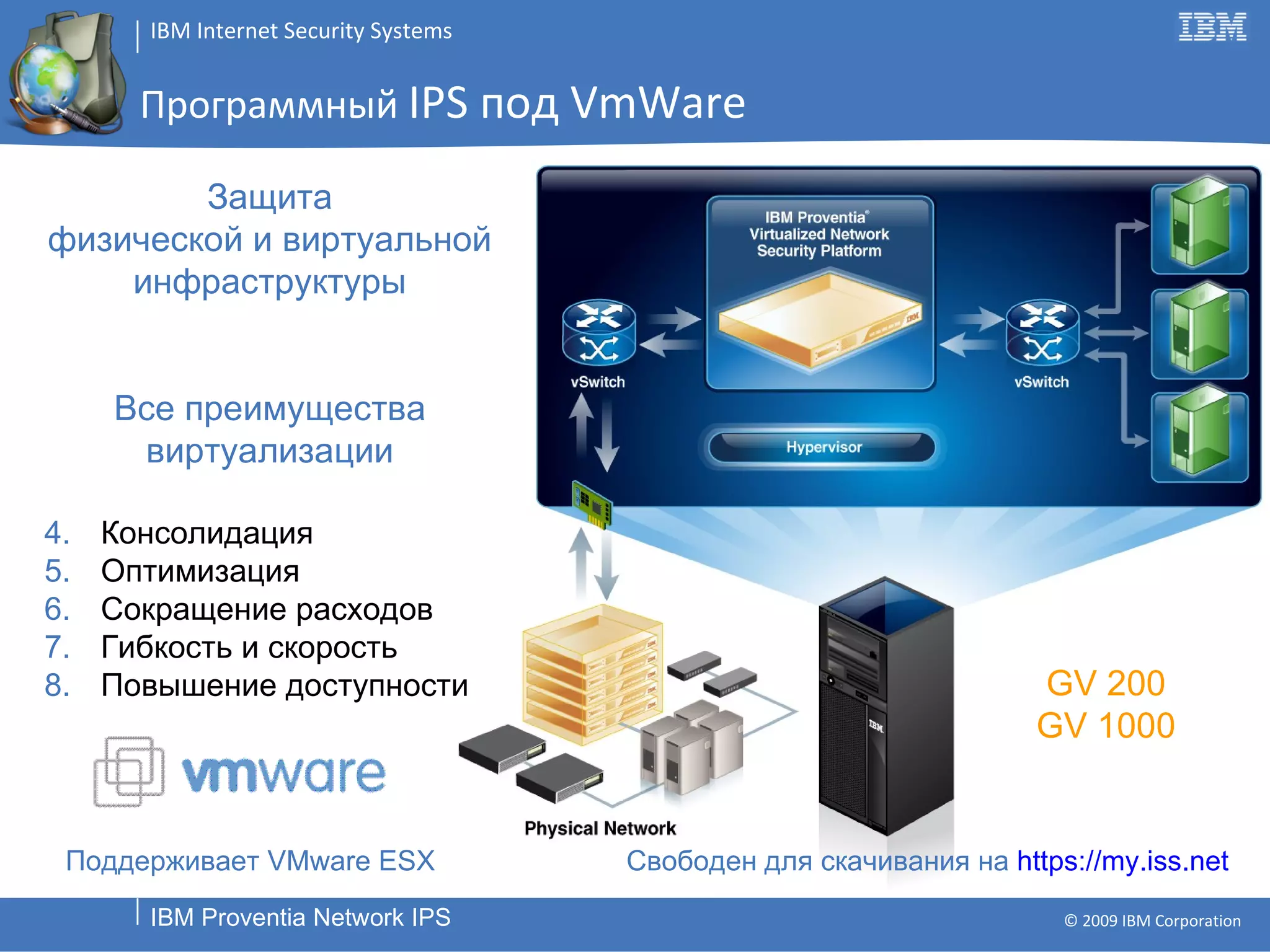 Программный  IPS  под  VmWare Защита физической и виртуальной инфраструктуры Все преимущества виртуализации Консолидация Оптимизация Сокращение расходов Гибкость и скорость Повышение доступности Свободен для скачивания на  https://my.iss.net Поддерживает  VMware ESX GV 200 GV 1000 