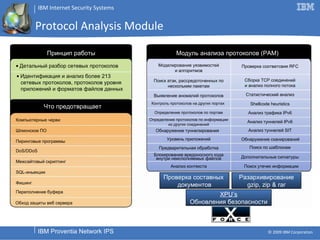 Protocol Analysis Module ●  Детальный разбор сетевых протоколов Принцип работы Что предотвращает ●  Идентификация и анализ более 2 13  сетевых протоколов, протоколов уровня приложений и форматов файлов данных Обход защиты веб сервера Моделирование уязвимост ей и алгоритм ов Поиск атак, рассредоточенных по нескольким пакетам Выявление аномалий  протоколов Контроль протоколов на других портах Определение протоколов по портам Определение протоколов по информации из других соединений Обнаружение туннелирования Уровень приложений Предварительная обработка Блокирование вредоносного кода внутри неисполняемых файлов Анализ контекста Shellcode heuristics Анализ трафика IPv6 Анализ туннел ей  IPv6 Анализ туннел ей  SIT Обнаружение  сканирований Поиск по шаблонам Дополнительные  сигнатуры Модуль анализа протокол ов  (PAM) Проверка соответсвия  RFC Сборка TCP соединений и анализ полного потока Статистический анализ Поиск утечек информации Проверка составных  документов Разархивирование gzip, zip & rar XPU’s Обновления безопасности Компьютерные ч ерви Шпионское ПО Пиринговые программы DoS/DDoS Межсайтовый скриптинг SQL- иньекции Фишинг Переполнение буфера 