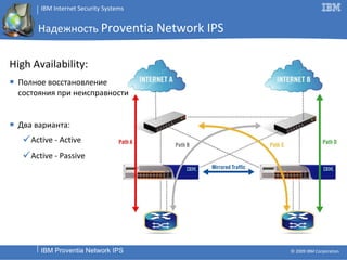 Надежность  Proventia Network IPS High Availability: Полное восстановление состояния при неисправности Два варианта : Active - Active Active - Passive 