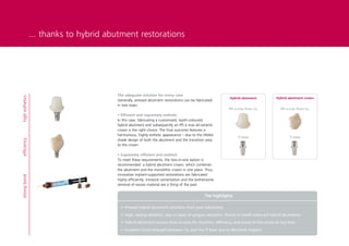 ... thanks to hybrid abutment restorations




                                        The adequate solution for every case
high esthetics




                                                                                                          Hybrid abutment           Hybrid abutment crown
                                        Generally, pressed abutment restorations can be fabricated
                                        in two ways:
                                                                                                          IPS e.max Press LS2          IPS e.max Press LS2
                                        • Efficient and supremely esthetic
                                        In this case, fabricating a customized, tooth-coloured
                                        hybrid abutment and subsequently an IPS e.max all-ceramic
                                        crown is the right choice. The final outcome features a
                                        harmonious, highly esthetic appearance – due to the lifelike
                                                                                                               Ti base                      Ti base
                                        shade design of both the abutment and the transition area
efficiency




                                        to the crown.

                                        • Supremely efficient and esthetic
                                        To meet these requirements, the two-in-one option is
                                        recommended: a hybrid abutment crown, which combines
                                        the abutment and the monolithic crown in one piece. Thus,
                                        innovative implant-supported restorations are fabricated
strong bond




                                        highly efficiently. Intraoral cementation and the bothersome
                                        removal of excess material are a thing of the past.


                                                                                              The highlights

                                          •	
                                            Pressed hybrid abutment solutions from your laboratory

                                          •	 High, lasting esthetics, also in cases of gingiva recession, thanks to tooth-coloured hybrid abutments

                                          •	
                                            Hybrid abutment crowns (two-in-one) for function, efficiency and access to the screw at any time

                                          •	 Excellent bond strength between LS2 and the Ti base due to Multilink Implant
 