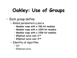 Oakley : Use of Groups Each group define  Global parameters q and  α Modular expo with a 768 bit modulus Modular expo with a 1024 bit modulus Modular expo with a 1536 bit modulus Elliptical curve over 2 155 Elliptical curve over 2 185 Identity of algorithm DH Elliptical curve 