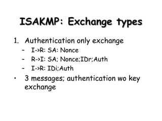 ISAKMP: Exchange types Authentication only exchange I->R: SA: Nonce R->I: SA; Nonce;IDr;Auth I->R: IDi;Auth 3 messages; authentication wo key exchange 