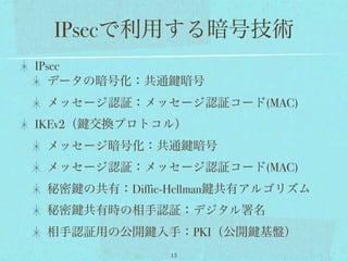 IPsecで利用する暗号技術
IPsec
   データの暗号化：共通           暗号
 メッセージ認証：メッセージ認証コード(MAC)
IKEv2（   交換プロトコル）
 メッセージ暗号化：共通             暗号
 メッセージ認証：メッセージ認証コード(MAC)
 秘密      の共有：Diffie-Hellman 共有アルゴリズム
 秘密      共有時の相手認証：デジタル署名
 相手認証用の公開        入手：PKI（公開    基盤）
                   13
 