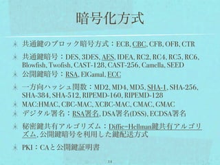 暗号化方式
共通 のブロック暗号方式：ECB, CBC, CFB, OFB, CTR
共通 暗号：DES, 3DES, AES, IDEA, RC2, RC4, RC5, RC6,
Blowfish, Twofish, CAST-128, CAST-256, Camella, SEED
公開 暗号：RSA, ElGamal, ECC
一方向ハッシュ関数：MD2, MD4, MD5, SHA-1, SHA-256,
SHA-384, SHA-512, RIPEMD-160, RIPEMD-128
MAC:HMAC, CBC-MAC, XCBC-MAC, CMAC, GMAC
デジタル署名：RSA署名, DSA署名(DSS), ECDSA署名
秘密 共有アルゴリズム：Diffie=Hellman 共有アルゴリ
ズム, 公開 暗号を利用した 配送方式
PKI：CAと公開 証明書
                         14
 