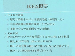 IKEv2概要
生まれた経緯
 暗号は時間をかければ解読可能（原理的には）
 共有秘密   は頻繁に変更した方が安全
 手動でやるのは面倒なので自動化
500/UDP
IPsec SAのパラメータを保護するためにIKE_SAを利用
 IKE_SAは双方向（IPsec SAは単方向）
 IKE_SA確立後にIKE_SAを使ってIPsec SAを確立する
 IKEv1ではISAKMP SAと呼ばれていた
               36
 