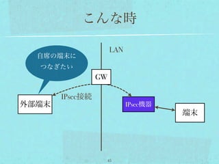 こんな時

                      LAN
  自席の端末に
  つなぎたい
                 GW

       IPsec接続
外部端末                        IPsec機器
                                      端末




                      45
 