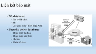 Liên kết bảo mật

   • SA database:
      - Địa chỉ IP đích
      - SPI
      - Các giao thức ( ESP hoặc AH)
   • Security policy database:
      -   Thuật toán mã hóa
      -   Thuật toán xác thực
      -   Chế độ
      -   Khóa lifetime
 