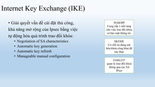 Internet Key Exchange (IKE)
  • Giải quyết vấn đề cài đặt thủ công,            ISAKMP
                                              Cung cấp 1 nền tảng
  khả năng mở rộng của Ipsec bằng việc       cho việc trao đổi khóa
                                             và bảo mật thông tin.
  tự động hóa quá trình trao đổi khóa:
     •   Negotiation of SA characteristics         SKEME
                                              Cơ chế sử dụng mã
     •   Automatic key generation            hõa khóa công khai để
     •   Automatic key refresh                     xác thực
     •   Manageable manual configuration
                                                  OAKLEY
                                             quản lý trao đổi khoá
                                              thông qua các SA
                                                     IPsec
 