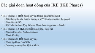 Các giai đoạn hoạt động của IKE (IKE Phases)

• IKE Phases 1 (Bắt buộc xảy ra trong quá trình IKE)
   • Xác thực giữa các thiết bị tham gia VPN (Authentication the peers)
   • Trao đổi các SA.
   • Có 2 chế độ hoạt động là Main Mode hoặc Aggresssive Mode
• IKE Phases 1.5 (Không bắt buộc phải xảy ra)
   • Xauth (Extended Authentication)
   • Mode Config
• IKE Phases2 ( Bắt buộc xảy ra)
   • Thiết lập IPsec SAs/SPIs
   • Sử dụng phương thức Quick Mode
 