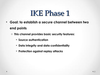 IIKKEE PPhhaassee 11 
• Goal: to establish a secure channel between two 
end points 
o This channel provides basic security features: 
• Source authentication 
• Data integrity and data confidentiality 
• Protection against replay attacks 
25 
 
