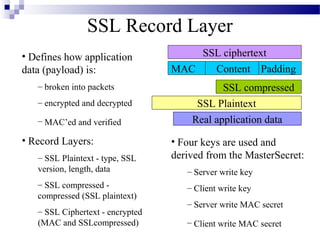 SSL Record Layer
• Defines how application             SSL ciphertext
data (payload) is:                MAC   Content Padding
   – broken into packets                     SSL compressed
   – encrypted and decrypted           SSL Plaintext
   – MAC’ed and verified              Real application data
• Record Layers:                  • Four keys are used and
   – SSL Plaintext - type, SSL    derived from the MasterSecret:
   version, length, data             – Server write key
   – SSL compressed -                – Client write key
   compressed (SSL plaintext)
                                     – Server write MAC secret
   – SSL Ciphertext - encrypted
   (MAC and SSLcompressed)           – Client write MAC secret
 